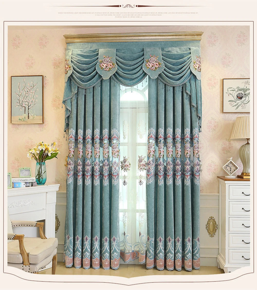 Pink High-end Curtains for Living Room Blue Peony Embroidery Chenille Luxury European Jacquard Floral Window Treatment Drapes