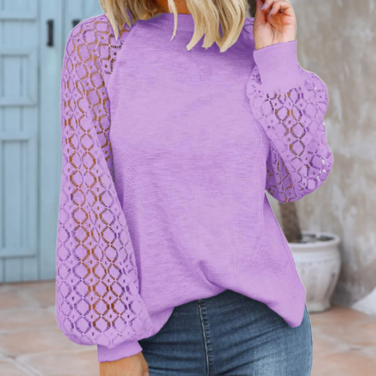Women Winter Solid Color Round Neck Sweatshirts Long-sleeved Lace Hollow Loose Harajuku Top Sweatshirts Жіночий Светр 1