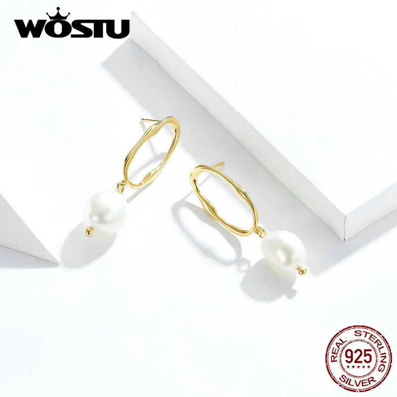 WOSTU настоящие 925 пробы серебряные серьги с простым дизайном золотого цвета круглые элегантные серьги с жемчугом для женщин CQE793