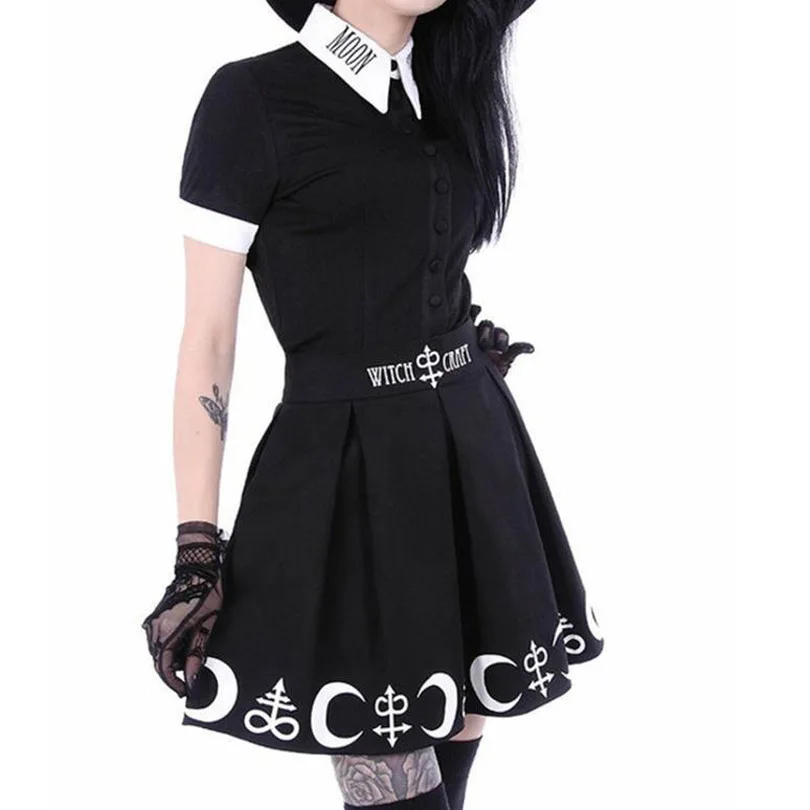 Ведьма Луна печатных панк-рок HARAJUKU Готический летние женские юбки высокая талия мини юбка плиссированная мини юбка для готических девочек