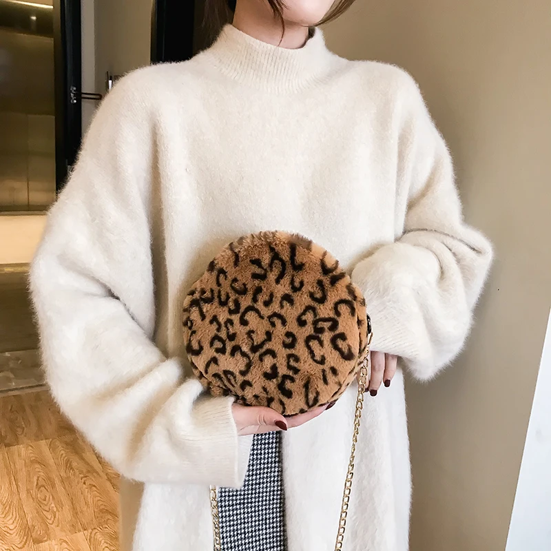 Женская плюшевая Сумка почтальонка с леопардовым принтом круглая