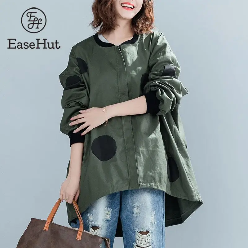 EaseHut, Женские куртки в горошек, на молнии, с боковыми карманами, низкая-высокая, в рубчик, свободная, повседневная верхняя одежда,, Femme, осенне-зимнее пальто