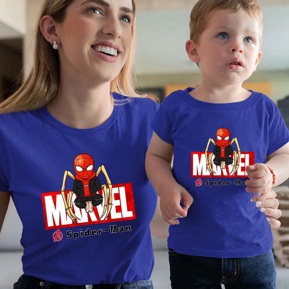 Kawaii Toddler Girl Clothes Funny Cartoon Spider Man Summer Casual O-neck Kid Woman Tshirt Coming Home Outfit Family Look plus size matching family outfits