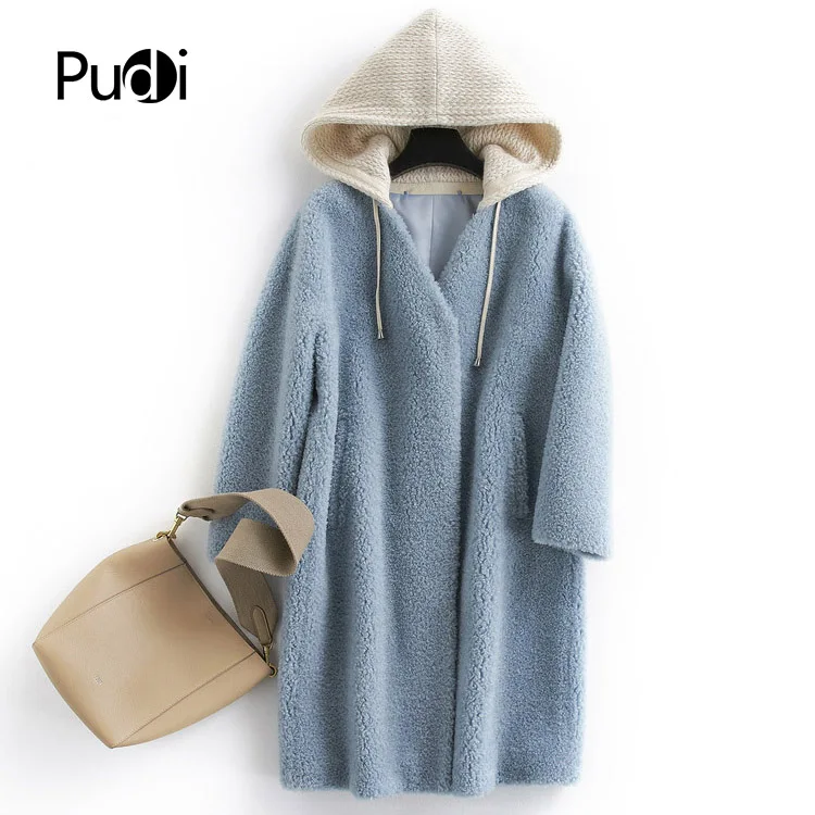 

PUDI B181089 women's winter warm real wool fur jacket with hood genuine leisure girl coat lady jacket overcoat