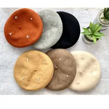 

VISROVER Embroidery winter 100% wool winter beret For woman wool accessory winter hat solid color top quality Women Boina Gift