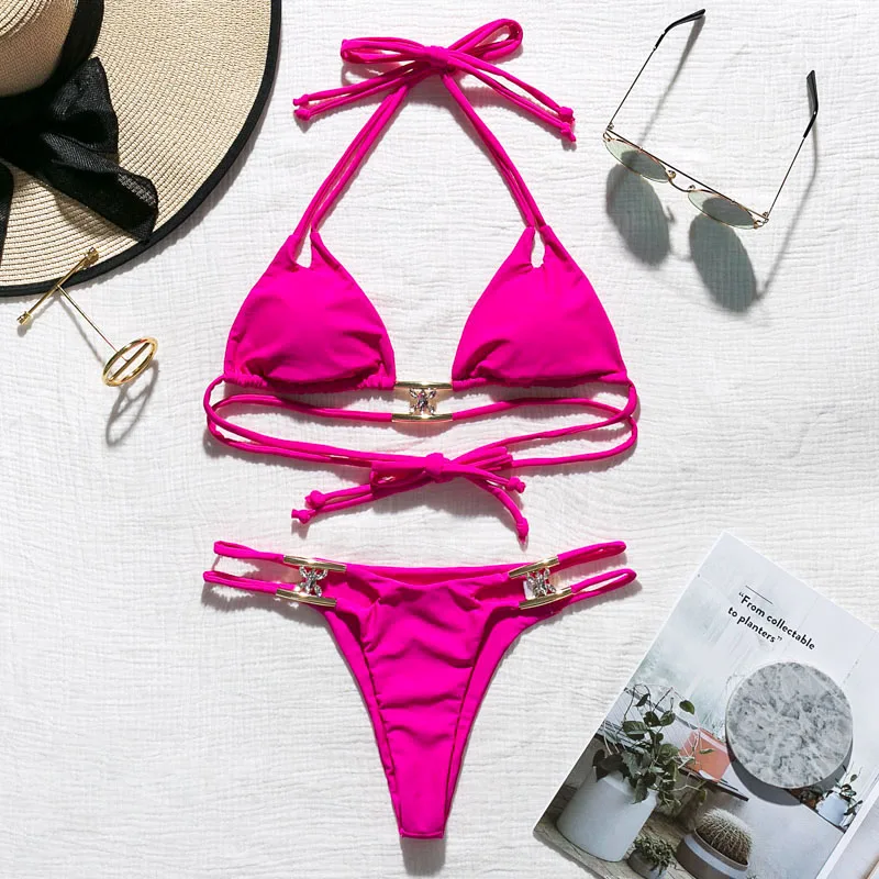 In-X Crystal bikini Sexy halter swimsuit female Solid string bikini set High cut swimwear women Shiny bathing suit Bathers