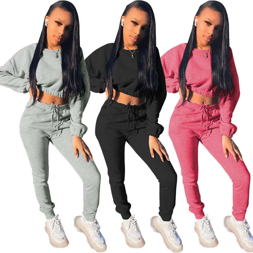 

Solid Color Sexy Crop Tops and Drawstring Lace Up Stacked Sweatpants Women Two Piece Outfits Winter Clothes Casual Tracksuit
