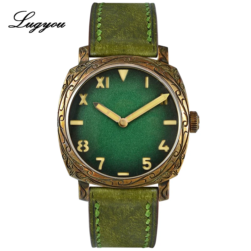 

Lugyou San Martin Vintage Unisex Watch Bronze Automatic Swiss Movement Leather Strap 20Bar Waterproof Skeleton Back Carved Case