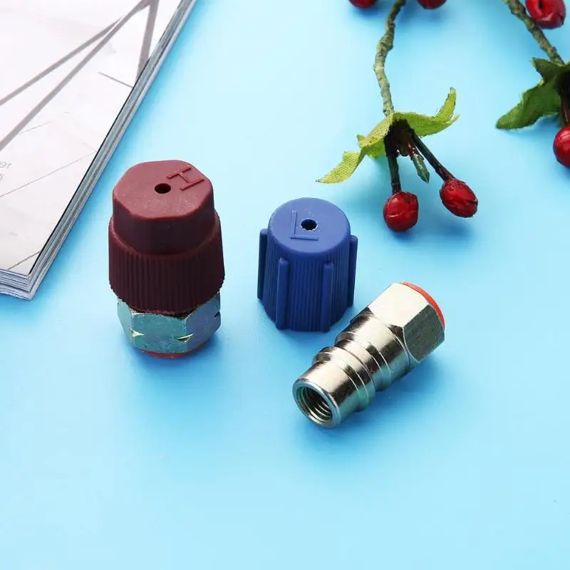 Car Retrofit 7/16 to 3/8 Conversion Adapter R12 to R134a High/Low AC Fitting for Automobiles Air Conditioner Red Blue