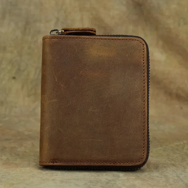 Short Organizer Wallet Man With Zipper Around Genuine Leather Male Coin Purse Crazy Horse Leather Card Holder For Boys Vintage Color 1