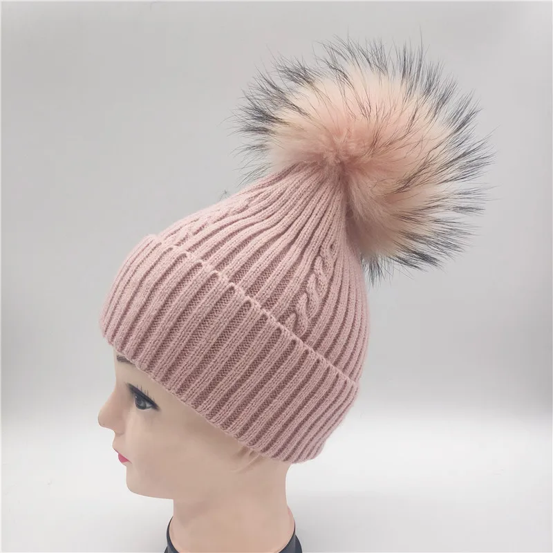 

Winter Girl New Real Fur Pom pom Thick Warm Knitted Beanie Bone Skullies Cap Women's Curled Wool Twist Cable Knit hat