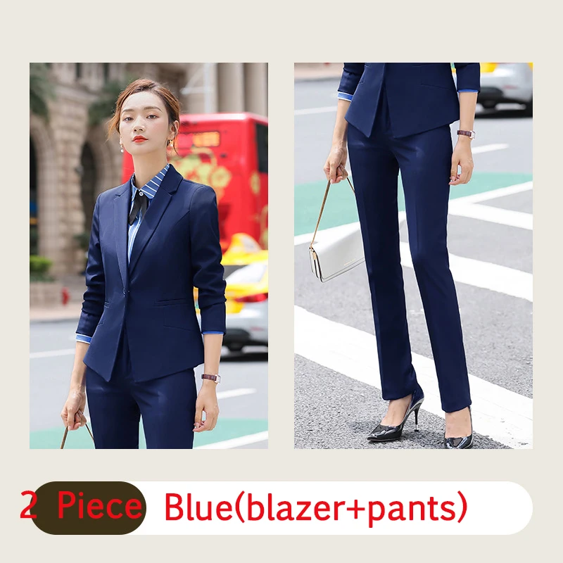 blue blazer pants Женский деловой офисный женский костюм с брюками, осенне-зимний форменный Блейзер, пиджак, брюки, Элегантная черная Синяя Униформа, большие размеры - Цвет: blue blazer pants