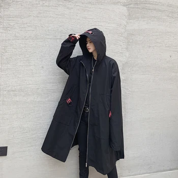 

Male Streetwear Hip Hop Gothic Ribbon Windbreaker Cloak Outerwear Men Loose Hooded Trench Coat Long Jacket Overcoat