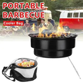 

2 In 1 Portable Barbecue Oven Folding BBQ Grill With Cooler Bag Camping Hiking Picnic Outdoor Garden BBQ Tool + Cooler Bag