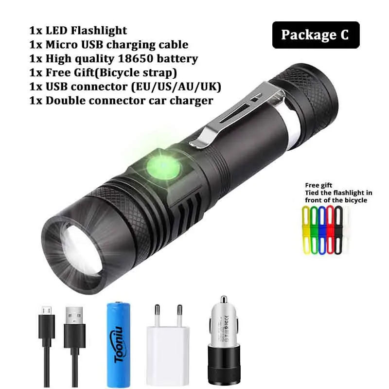 USB Перезаряжаемый светодиодный фонарик супер яркий 3 режима освещения тактический фонарь Водонепроницаемый зум Наружный свет с помощью 18650 батареи - Испускаемый цвет: Package C