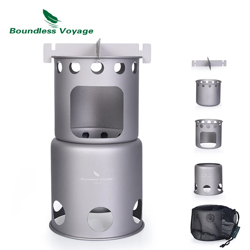 

Boundless Voyage Ultralight Camping Stove Outdoor Titanium Wood Burning Stove Backpacking Portable Cooking Burner with Cup Spork