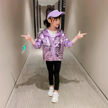 

INS Hot Baby Girl Shiny Windbreaker Coat 3-13 years old Spring and Autumn Hooded Letter Children Clothing Kids Clothes for Girl