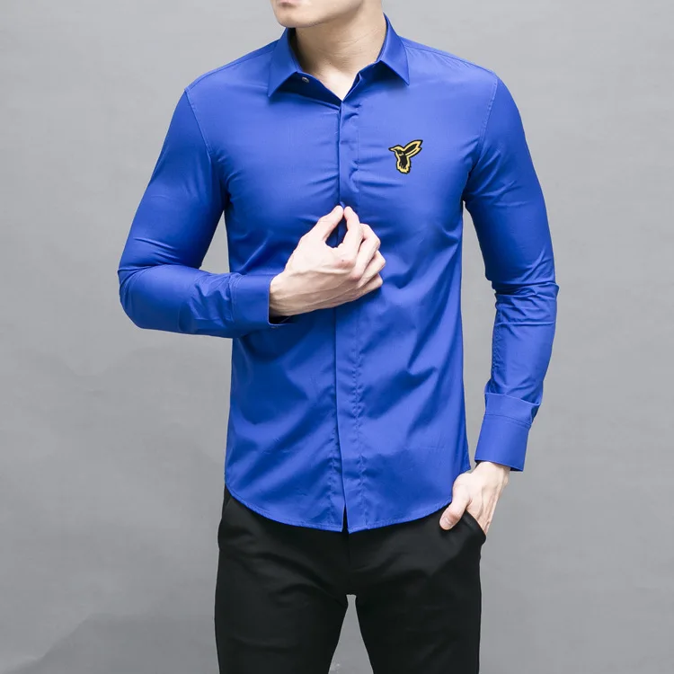 Бренд Качество чистый хлопок рубашка для мужчин новая вышивка Тонкий Chemise homme сплошной цвет с длинным рукавом мужские рубашки Camisas