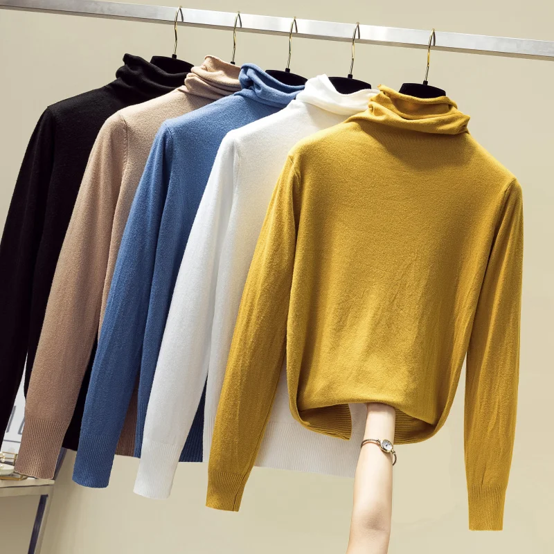 

Winter Women Soft Solid Sweater High Elastic Solid Turtleneck Sweater Woman Slim Tight Bottoming Knitted Pullovers GT720