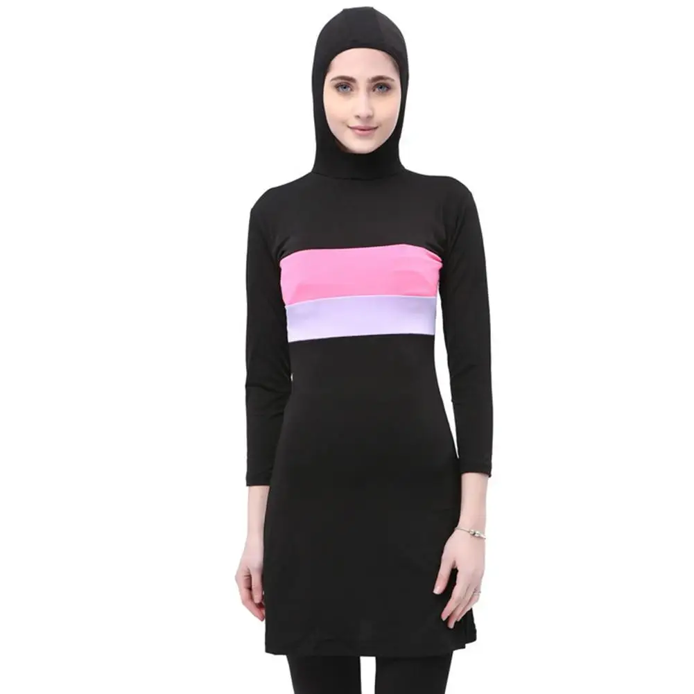 

Women Long Sleeve Muslim Swimwear Solid Color Patchwork Hooded Hijab Arabic Islamic Swimsuit Plus Size Summer Beach Bathing Suit