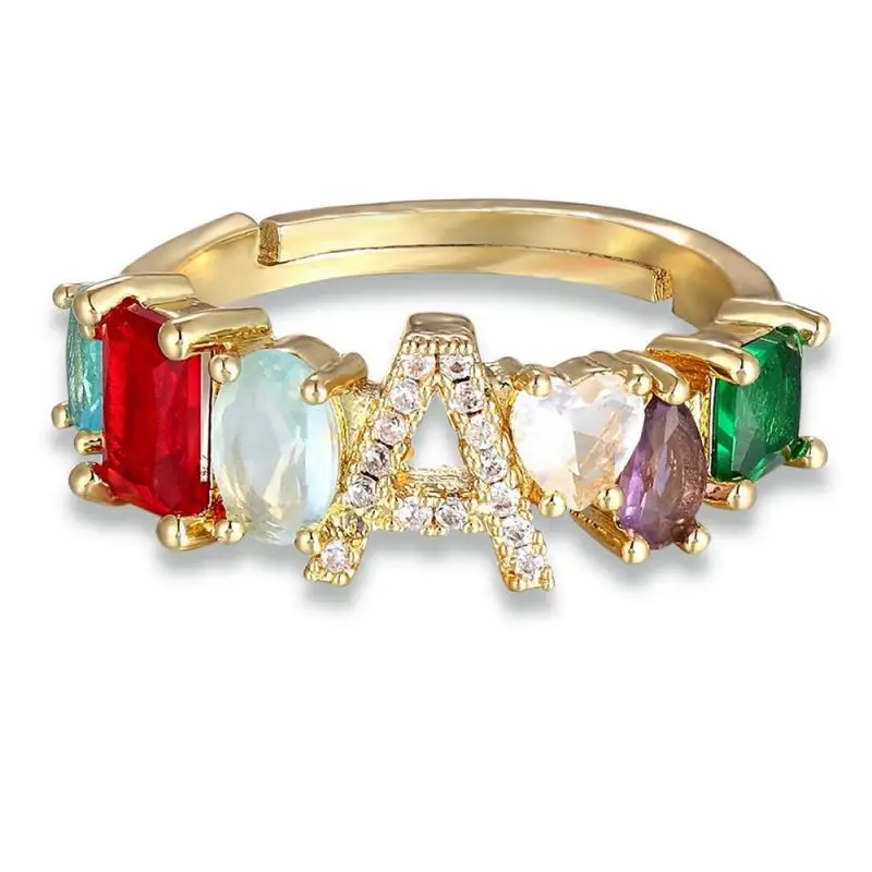 Personalized Adjustable A-Z Initial Ring Bohemian Copper Zircon Rainbow Letter Rings For Women Girls Party Wedding Jewelry Gift | Украшения