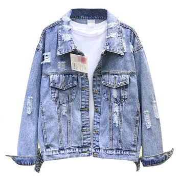 

2020 Spring BF Hole Woamn Denim Gacket Female Loose Thin Long Sleeve Wild Short Paragraph Handsome Gackets Denim Geans Coats