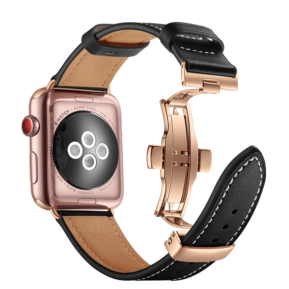 

Butterfly buckle for Apple Watch band 44mm 40mm correa 42mm 38mm Genuine Leather Strap Wrist Watchband Iwatch Series 6 SE 5 4 3