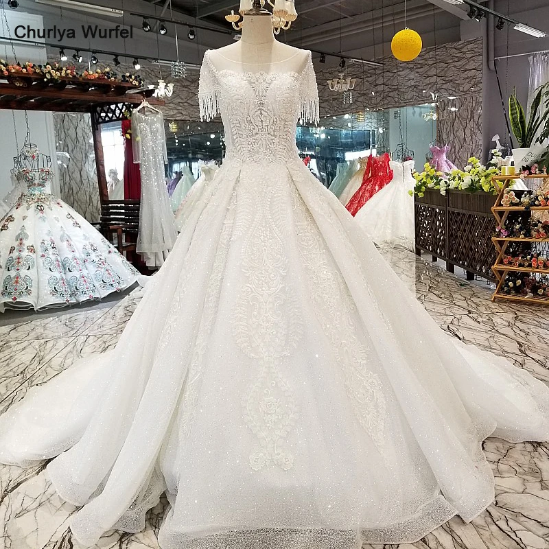 

LS31400 cheap new wedding dress appliques o-neck beaded sleeves see-through back beauty wedding gown with train free shipping