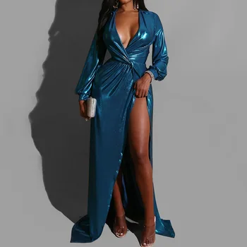 

Sexy Deep V Neck Evening Party Dresses Women Elegant Blue High Waist Side Slit Long Sleeve Long Dress African Lady Maxi Robe