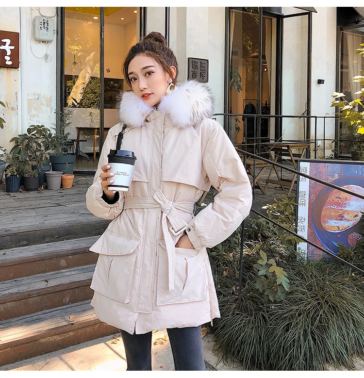 New Style Korean-style White Duck Down Jacket Women's Short-height Workwear Coat Genuine Fur Collar Income Belt Slimming