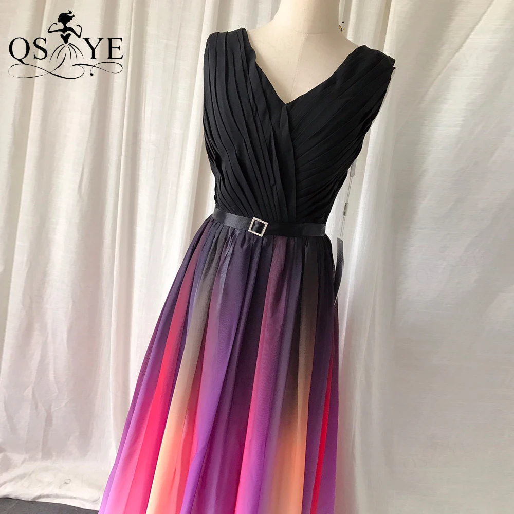 Colorful Fading Chiffon Prom Dress V Neck Black Evening Gown Lace up Party Gown Tiny Belt Ruched Sleeveless Women Formal Dress pretty prom dresses