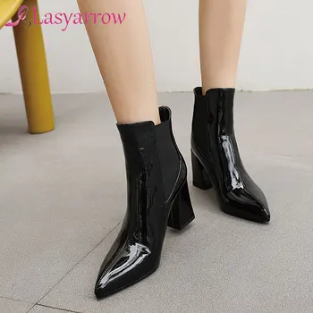 

Lasyarrow Fashion Bright Yellow Orange High Heel Women Winter Boots Pu Patent Leather Block Heel Party Shoes Chelsea Ankle Boots