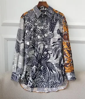 

Coloured Glaze Light Luxurious 20 Xia Changxiu Loose Fund Lion Animal Long Fund Pure Cotton Printing Shirt Will Code Shirt Woman