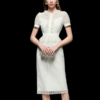 

Seifermann Summer Fashion Designer Boho Ruffle Dress Women Solid Lace High waist Puff Sleeve Vacation A-line Ladies Midi Dress