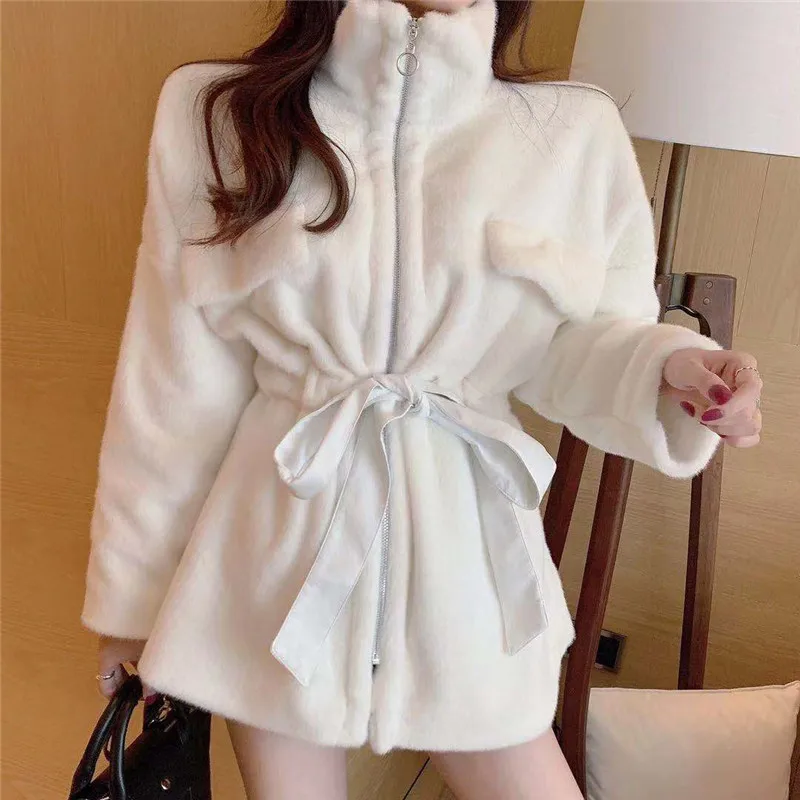 Женское зимнее меховое пальто корейское Модное Элегантное приталенное однотонное меховое пальто с воротником-стойкой