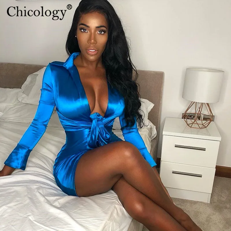 Chicology неоновое атласное атлас зашнуровать мини-платье женское длинным рукавом лонгслив с рюшами облегающее обтяжку одежда для вечеринок Осень Зима Леди Клуб наряд нарядные элегантное праздничное