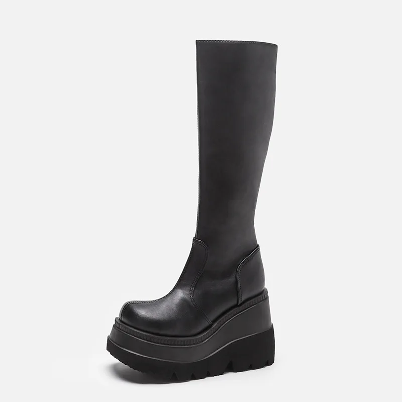 Style Black Wedges High Heels Platform Trendy Cool Autumn Winter Motorcycles Boots Shoes Women Black Increased Plus Size Boots