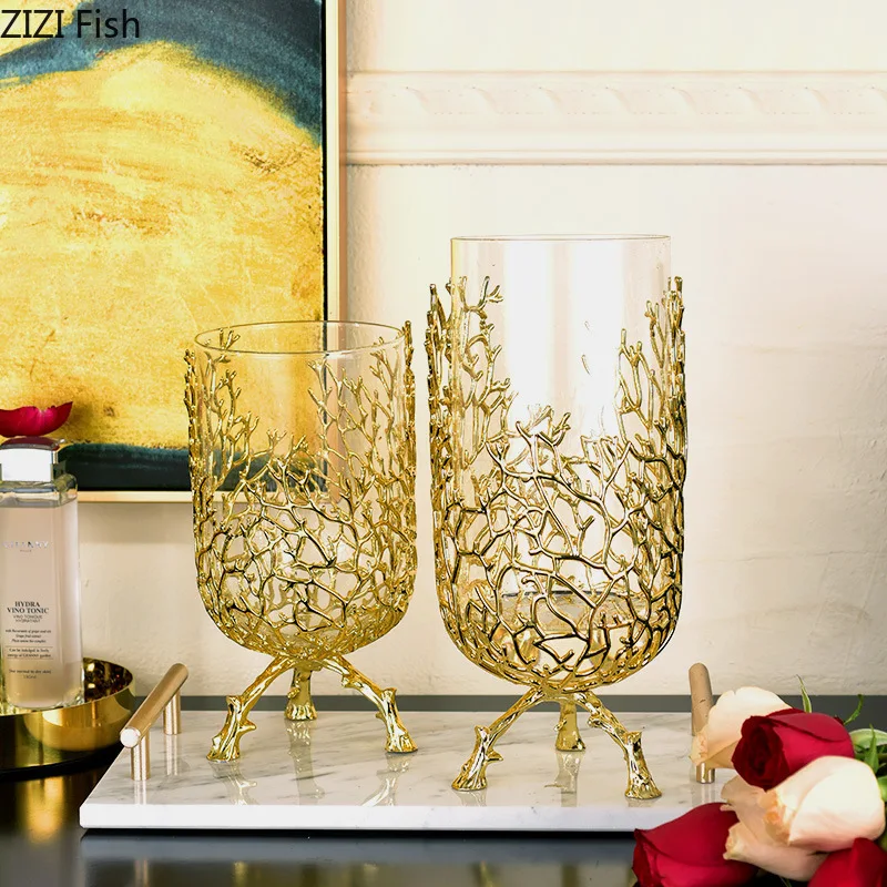 Creative glass vase Golden bracket Branches Hollow high feet Transparent hydroponic flower arrangement Metal crafts Flower vase 3