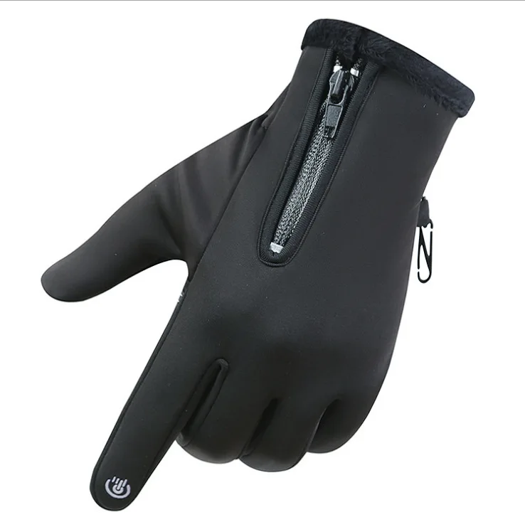 Велосипедные теплые флисовые перчатки ветростойкие водонепроницаемые с сенсорным экраном противоскользящие спортивные осенние и зимние толстые перчатки на молнии - Цвет: Черный