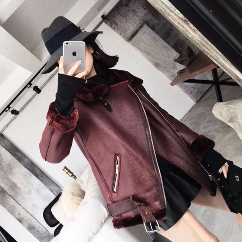 Koop Ailegogo 2019 Winter Jassen Vrouwen Dikke Faux Leer Bont Schapenvacht Jas Bont Leren Jas Aviator Jacket Casaco Feminino