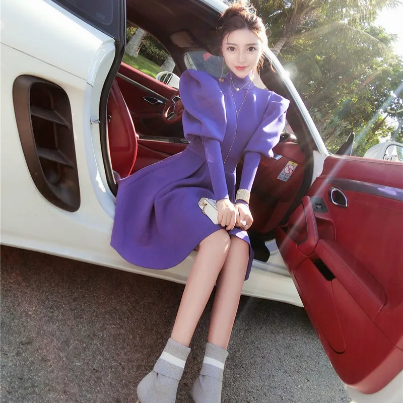 Neploe, элегантное Пышное Платье трапециевидной формы с длинным рукавом, женское облегающее элегантное платье с высоким воротом, Vestido, Осень-зима, фиолетовое, ropa mujer 46390