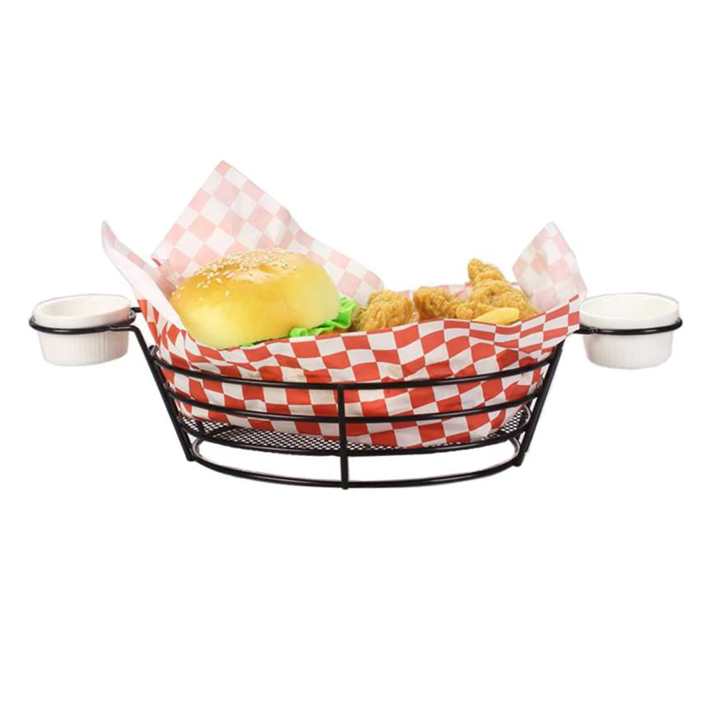 Stainless Steel French Fries Serving Basket Wire Basket with Ramekin Holder