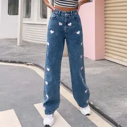 Azul cintura alta jeans inglaterra estilo vintage mãe jeans mulher alta rua botões lado de listrado solto calças de brim para mulher