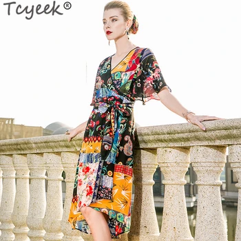 

Tcyeek Summer Dress Women Sexy V Neck Dresses Female Vintage Print Mid Vestidos Elegant Ladies Beach Evening Party Dresse LW2786