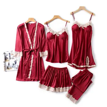 

Burgundy Bride Bridesmaid Wedding Robe Casual Satin Kimono Bath Gown 5PCS Sleepwear Nightdress Women SEXY Soft Homewear Pajamas