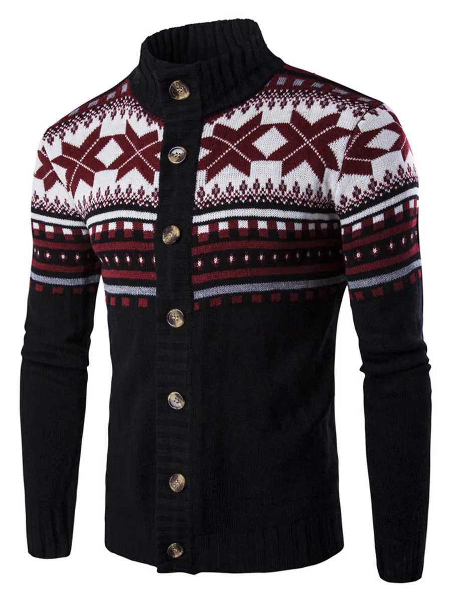 80% OFF Casual Men's Sweater Winter Cardigan Snowflake Print Turtleneck New Year Christmas Sweaters Men Clothes White Black Knitted Tops