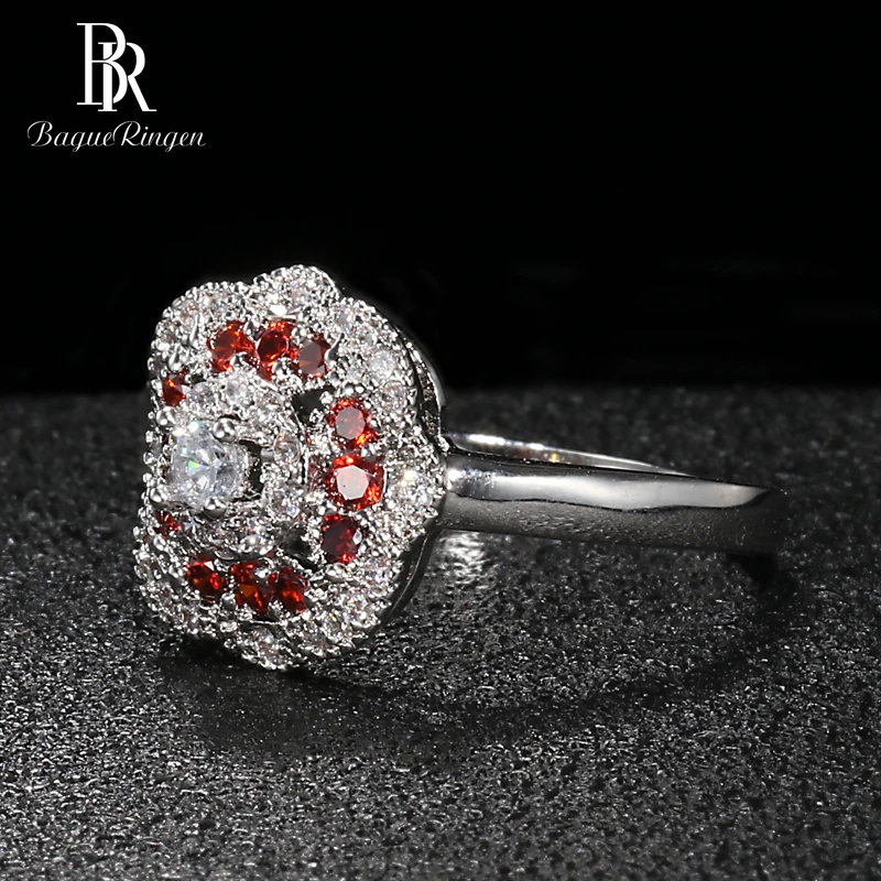 Bague Ringen в форме цветка, серебро 925, Ювелирное кольцо с камнями для женщин, рубиновый AAA циркон, женские вечерние аксессуары,, подарок