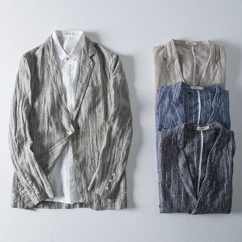 

2019 Autumn Japanese-style Flax Leisure Suit Stripes Long Sleeve Cotton Linen Suit Chinese-style MEN'S Coat Tops Men's