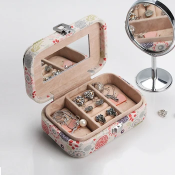 

Fashion Printed PU Leather Jewelry Box Earring Ring Necklace Mirror Jewelry Organizer Women Cosmetic Portable Travel Storage Box