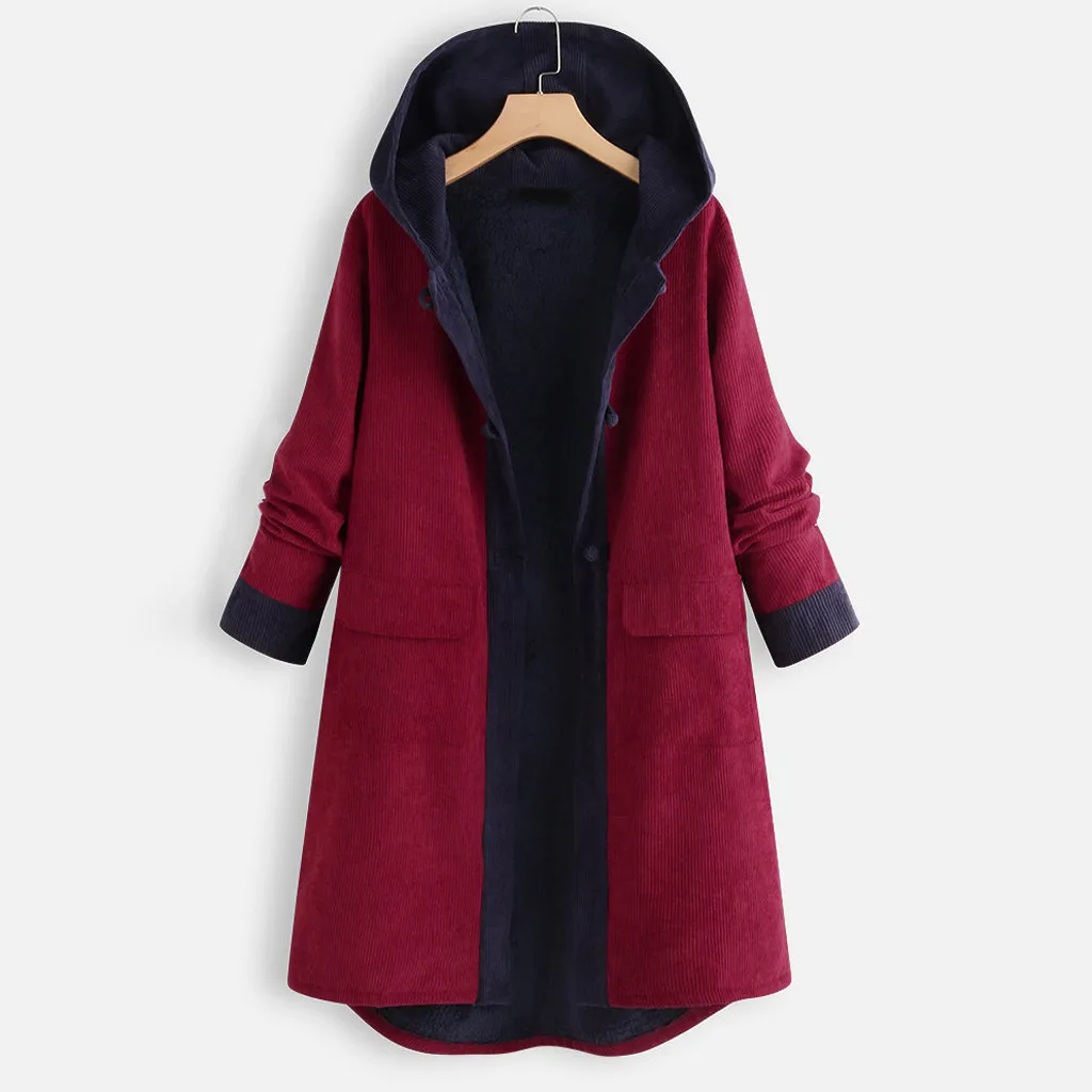 Jaycosin Fashion Women Casual Winter Vintage Patch Hooded Coat Stylish Long Sleeve Comfortable Fleece Corduroy Long Coat 30#4
